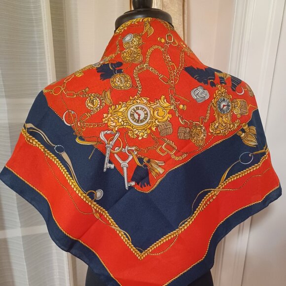 Accessories - Lovely 80's 90's Equestrian  Richly Patterned Red & Dark Navy Blue Scarf